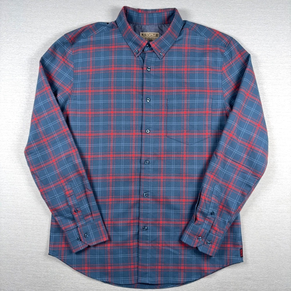 RSVLTS Borland Flannel Shirt Mens Size L Blue Red Long Sleeve Polyester Stretch